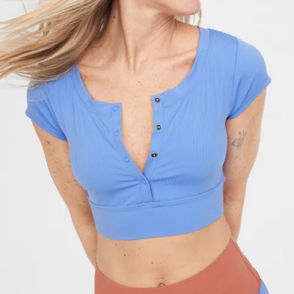 OFFLINE by Aerie Real‎ Me Henley Cropped Tee Blue XS